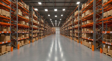 Large warehouse interior with shelves full of cardboard boxes for industrial storage distribution