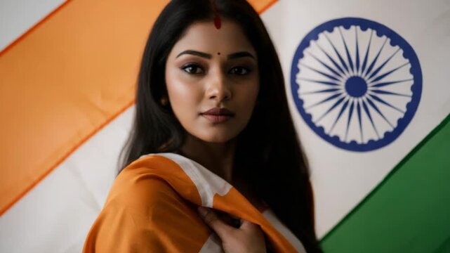 Portrait of a beautiful young Indian woman holding the national flag of India. Patriotic lady showing pride and love for her country.