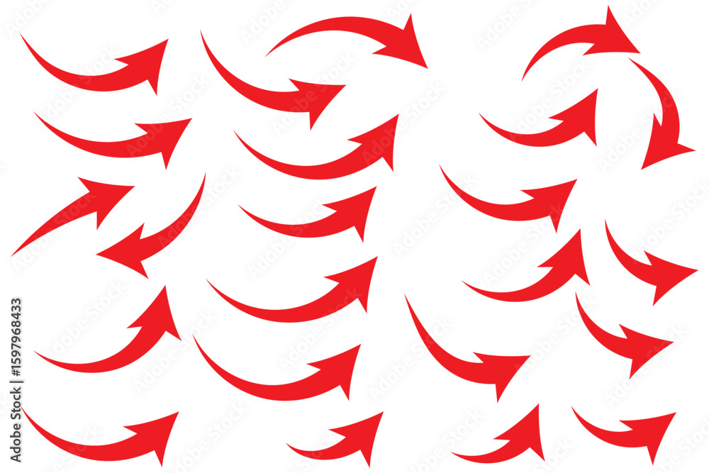 Poster collection of curved arrows. set simple curved hand drawn arrows. collection of pointers.