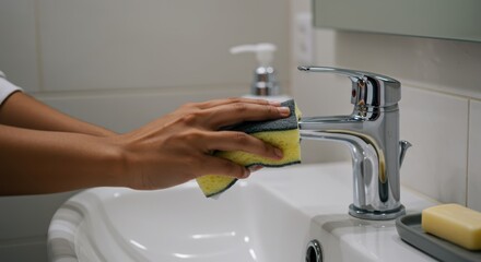 Close up of hand cleaning bathroom faucet with sponge