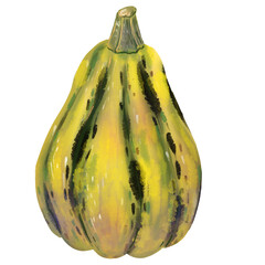 Hand drawn autumn illustration with a cozy warm yellow pumpkin with realistic texture and subtle highlights. Perfect for seasonal designs, harvest themes, Thanksgiving, and fall decor. Isolated on whi