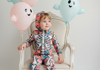 Adorable child in colorful skeleton costume with happy balloons
