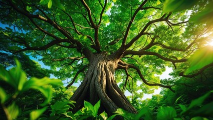 Fototapeta premium Vast tree in a dense forest with sunlight shining through the green canopy. Nature and ecology concept. The focus on trees and wilderness. The concept of forests and biodiversity