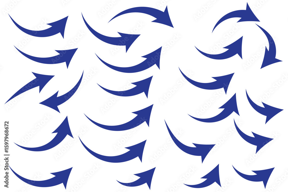 Poster collection of curved arrows. set simple curved hand drawn arrows. collection of pointers.