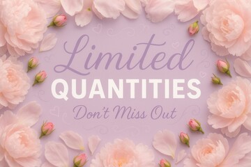 Pastel pink flowers and petals frame the text "Limited Quantities Don't Miss Out" on a light purple background, creating an elegant promotional design.