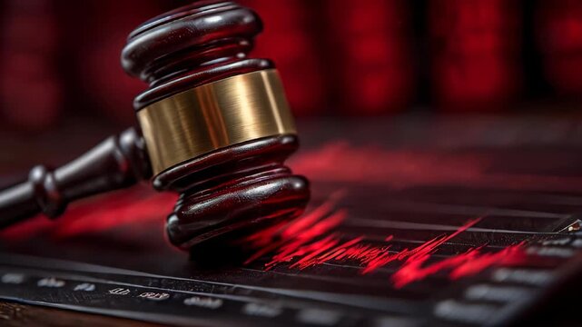 A gavel strikes a sound block in a courtroom, emphasizing the significant role of law in society. The backdrop includes red graphics symbolizing the justice system&rsquo;s impact on lives.