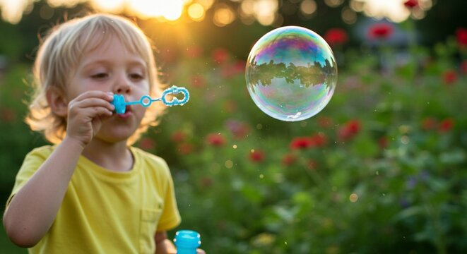 A blond child in a yellow shirt blows bubbles outside with a bright sunshine-filled natural garden backdrop, and a bubble in the air. - Powered by Adobe