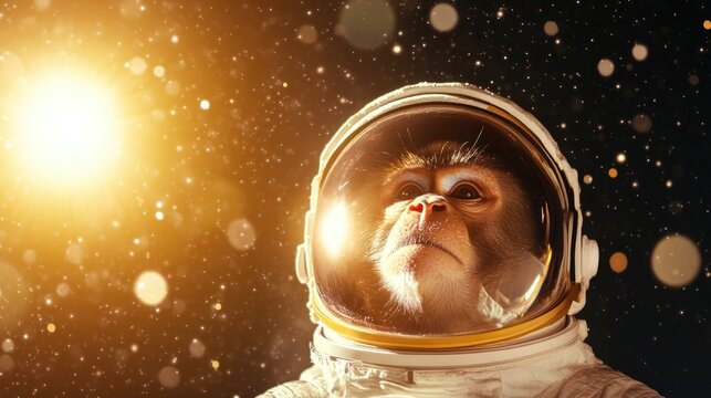 monkey astronaut in space, chimp in spacesuit with galaxy stars, surreal animal space exploration Astronaut monkey exploring outer space.
