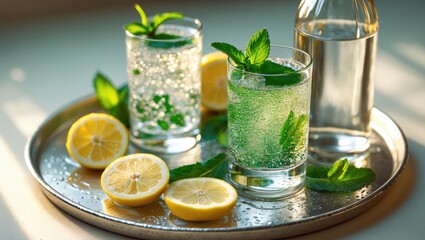 Fototapeta premium Fresh lemonade with mint, lemon slices, and sparkling water served on a silver tray. Refreshing summer drink.