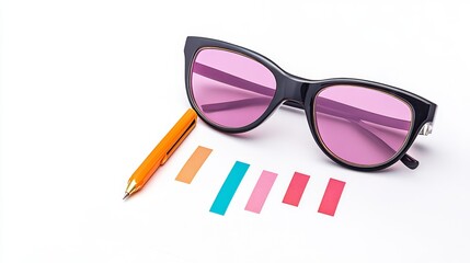 Pink sunglasses orange pen and color swatches on white background eyeglasses