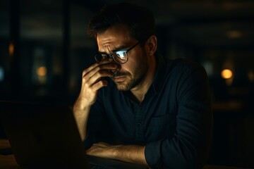 Tired Man Working Late on Laptop in Dark Office