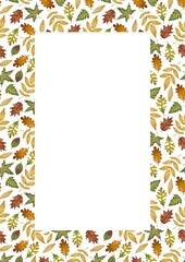 Watercolor autumn leaves frame with white background. Hand-painted fall foliage border ideal for fall-themed greeting cards, invitations, posters, flyers, digital projects, stationery
