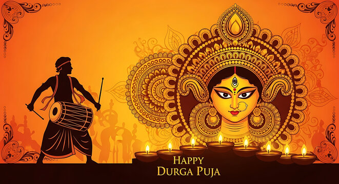Durga Puja Illustration Drummer Goddess with Candles and Orange Background