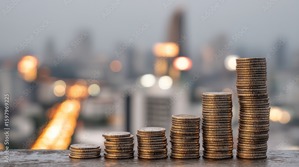 Poster stacks of coins arranged in ascending order with a blurred cityscape and bokeh lights in the backgro