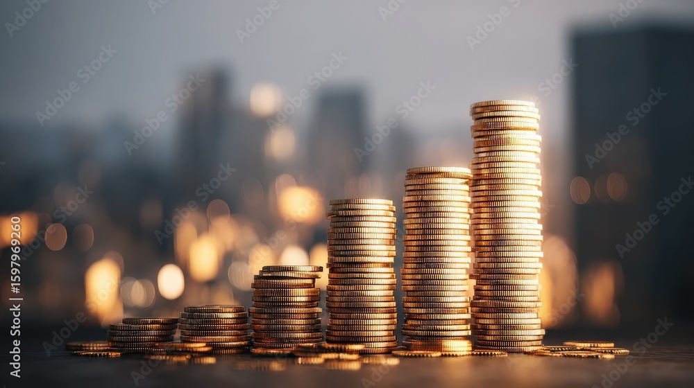 Poster stacks of golden coins arranged in ascending order with a blurred cityscape background symbolizing f