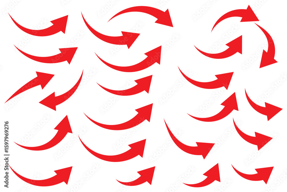 Poster collection of curved arrows. set simple curved hand drawn arrows. collection of pointers.