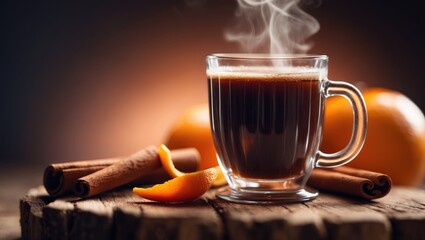 Fototapeta premium A steaming cup of coffee on a rustic surface with cinnamon sticks and orange peel, blurred warm background.