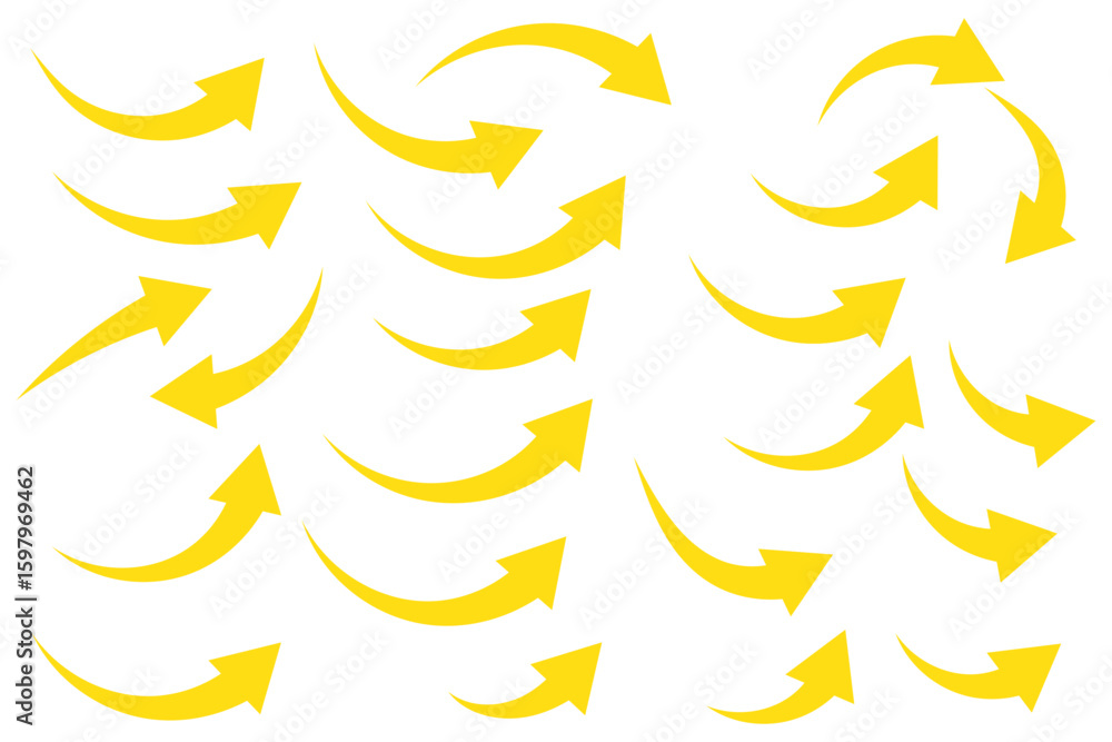 Poster collection of curved arrows. set simple curved hand drawn arrows. collection of pointers.