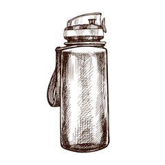 Hand drawn vintage sketch of sport water bottle with cap and handle, black and white isolated illustration