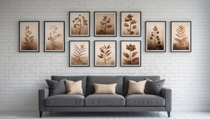 A set of nine framed botanical prints arranged on a white brick wall above a gray sofa with pillows.