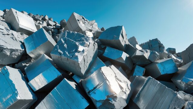 A large pile of metallic blocks or debris under a clear sky.