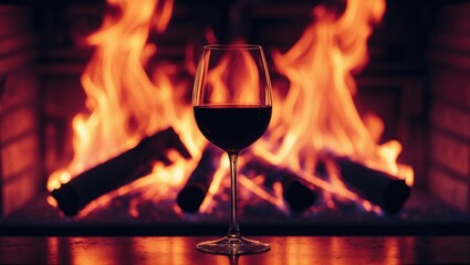 A glass of red wine in front of a burning fireplace with flames and logs.
