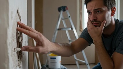 Concerned young man inspects crumbling plaster on a wall. DIY home repair problems and stress. - Powered by Adobe