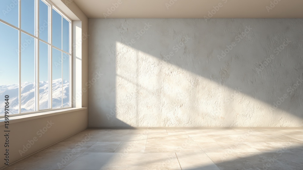 Poster sunlight streams through large windows into an empty modern room with textured walls and tiled floor