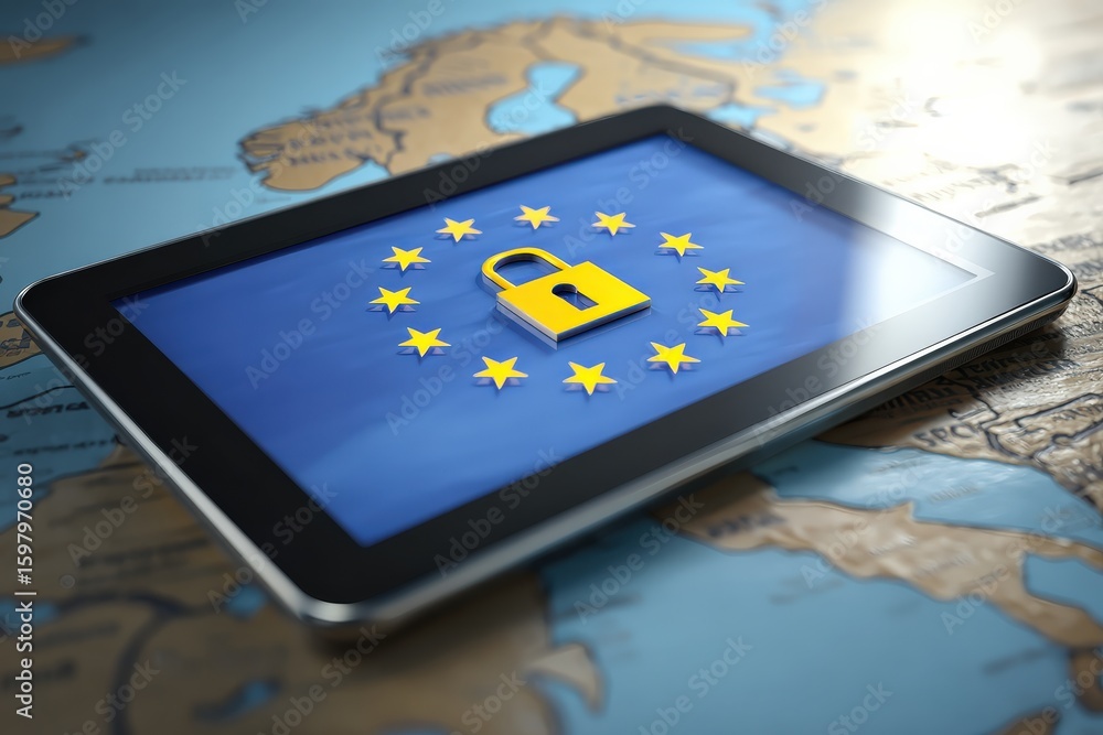 Poster a tablet displaying a lock icon surrounded by yellow eu stars, symbolizing digital security and data