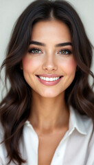 Elegant woman with dark hair and radiant skin in crisp white blouse

