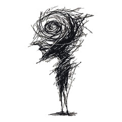 Whirlwind figure in black ink, charcoal drawing spiral linear brushstrokes, twisted silhouette vortex body.