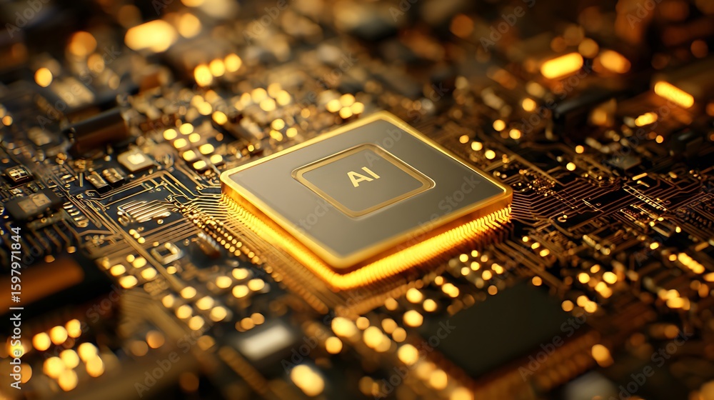 Poster gold microchip: close-up of advanced processor technology