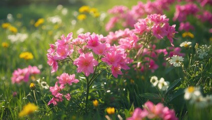 Naklejka premium Vivid pink flowers in a colorful meadow with yellow and white wildflowers, lush green grass, and a soft-focus background.