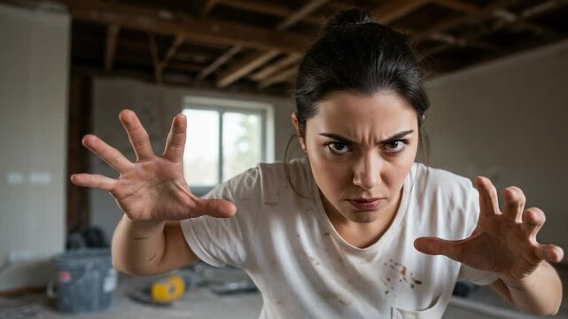 Fierce woman making a monster claw gesture in a messy room under construction. Frustrated homeowner during DIY home renovation project.