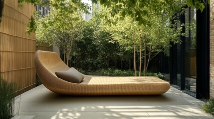 Wicker daybed on patio bamboo fence green garden backdrop Outdoor Furniture