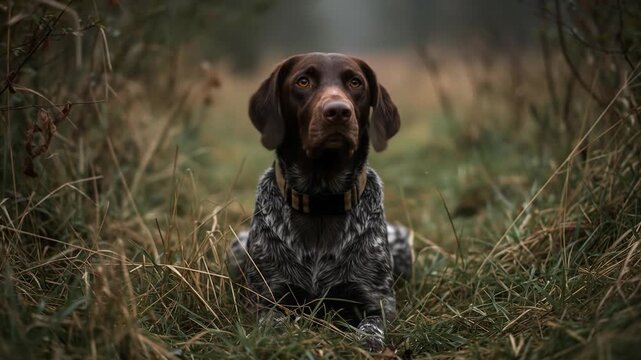 A brown and gray dog resting in a field surrounded by tall grass in the early morning mist