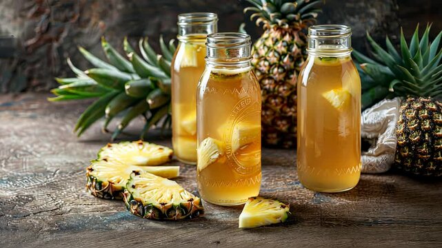 Bottles with Homemade Fermented mexican pineapple Tepache. Crafted raw kombucha tea with pineapple. Healthy natural probiotic flavored drink concept