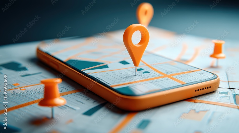 Poster a smartphone lies on a map with orange location pins, symbolizing gps navigation and location tracki