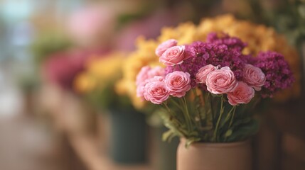 Vibrant Arrangement of Pink and Purple Flowers Displayed at a Floral Shop with Soft Background