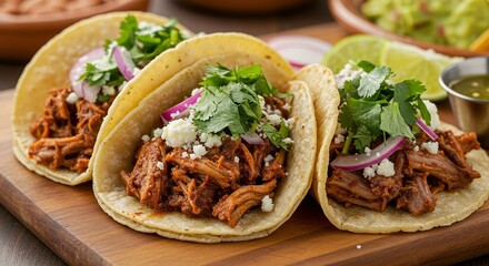 Authentic street food: Delicious and savory tacos featuring slow-cooked meat, topped with fresh cilantro and onion, ready to be eaten!