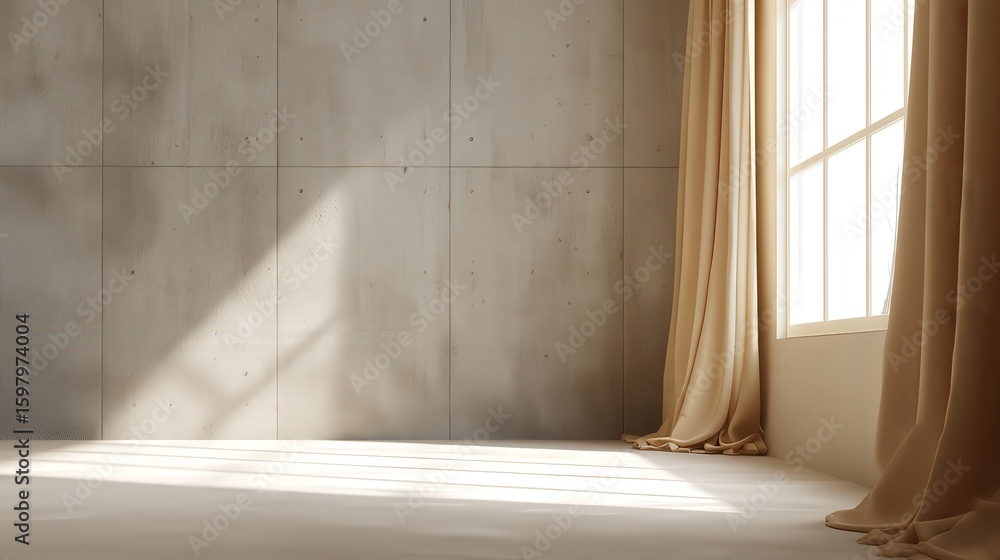Poster sunlight streams through a window, casting shadows on a smooth concrete wall and floor, framed by be
