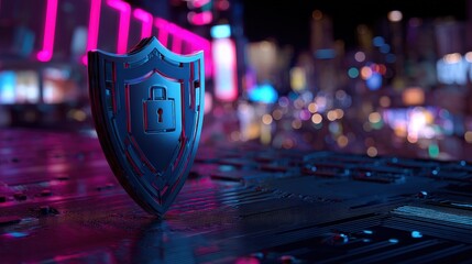 A digital shield with a lock icon represents cybersecurity and data protection against cyber threats in a futuristic, neon-lit environment.