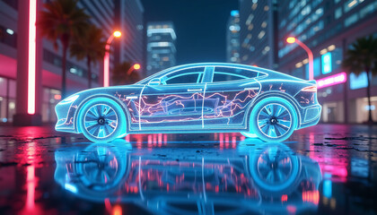 Side View of Futuristic Electric Vehicle Hologram on Urban Night Street