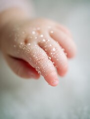 Fototapeta premium A child's hand with fair skin and clear water drops on the skin. Focus on the texture, softness and moisture of the skin. The background is white, soft tones.