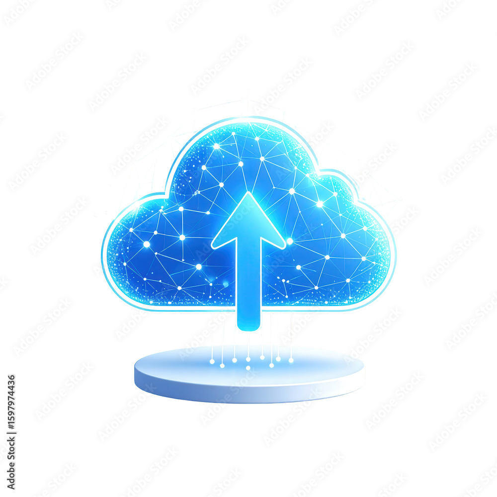 Poster digital cloud with upward arrow and network connections isolated on transparent background