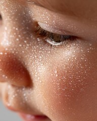 Fototapeta premium Close-up of Asian baby's cheek skin with small droplets of clear water scattered on the skin, showing moisture, smooth and clear skin, white background, natural light.
