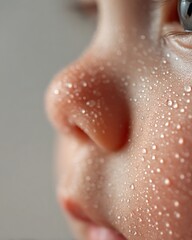 Fototapeta premium Close-up of Asian baby's cheek skin with small droplets of clear water scattered on the skin, showing moisture, smooth and clear skin, white background, natural light.