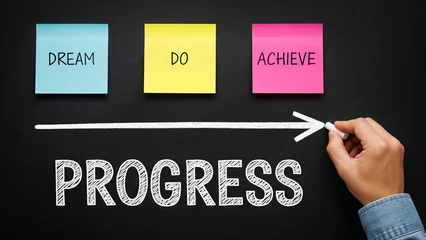 Papier peint photo Citations Hand drawing arrow on blackboard with sticky notes dream do achieve progress text, motivation inspirational quotes educational business message, goal achievement success strategy concept  © G-Studio