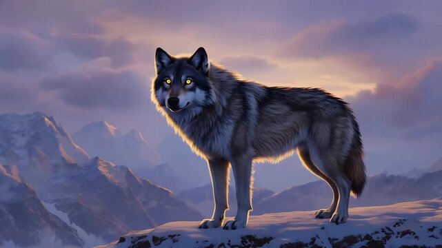 Wolf wallpaper hd background animal arctic tundra canine predator wildlife nature wild dusk 4k. Strong wolf on snowy hill. Beautiful wild wolf at sunrise. Wolf stands in winter landscape