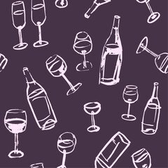 Seamless pattern with bottles and wineglasses line art drawings, sketched art illustrations, wrapping paper design
